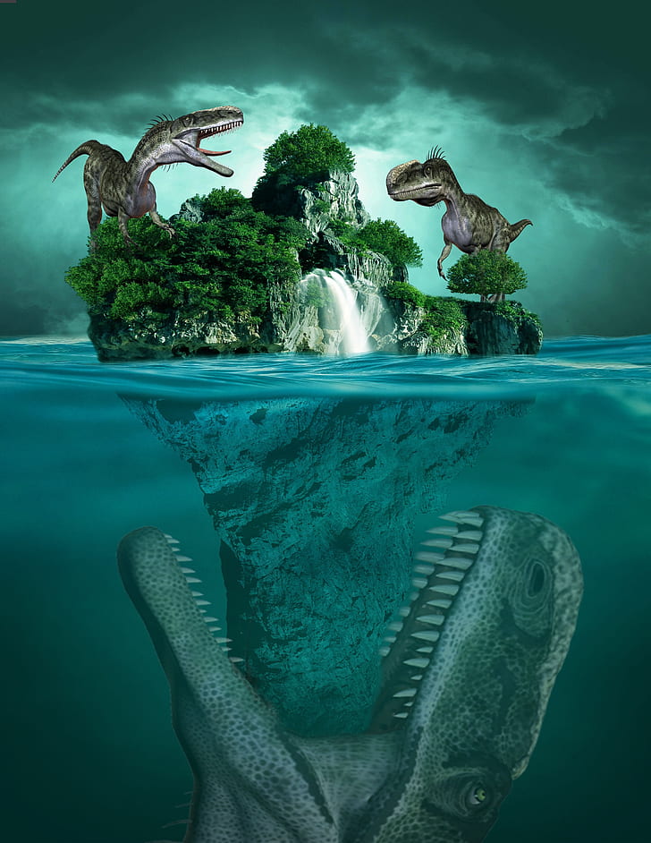 dinosaurs on island illustration