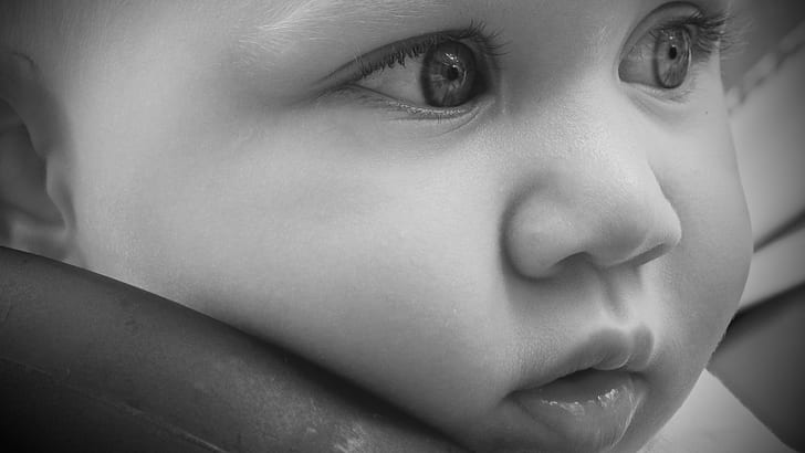 grayscale photography of baby's face