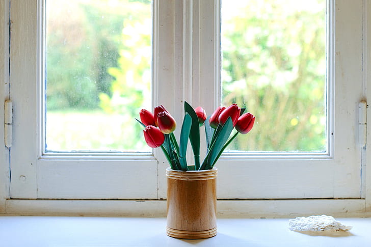 eight red tulip flowers in brown vase
