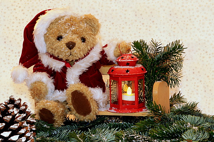 brown teddy bear wearing Christmas suit decor