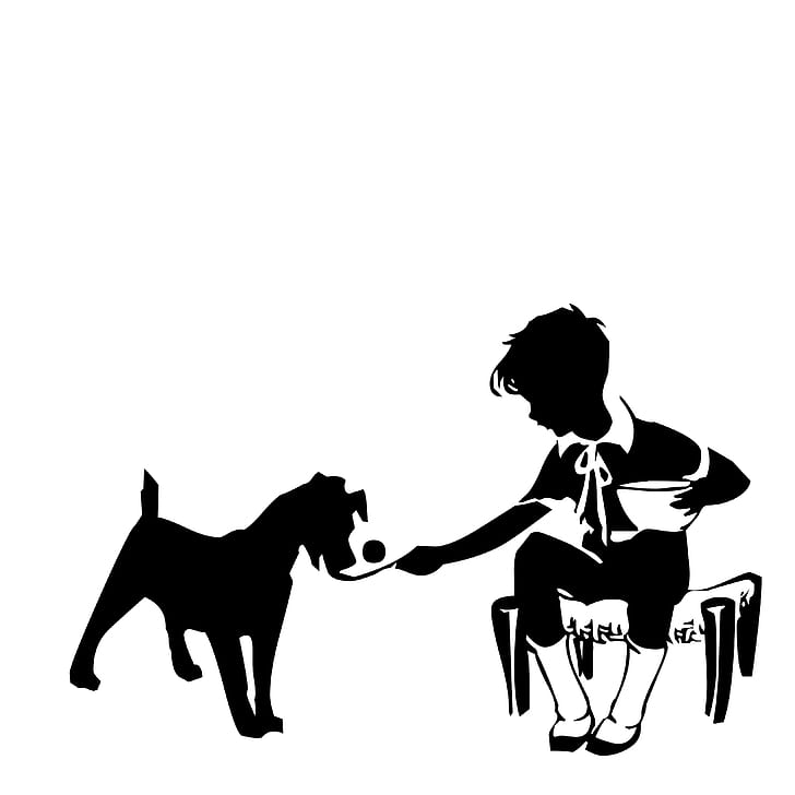 boy holding bowl and sitting on chair with dog logo