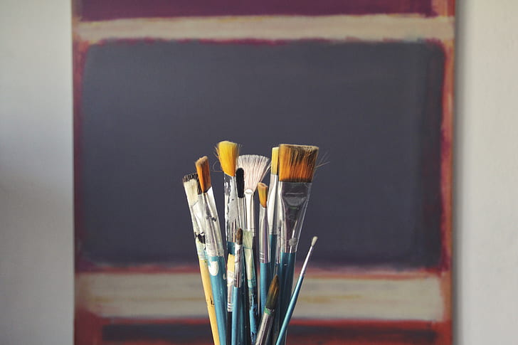 assorted paint brushes in selective focus photography
