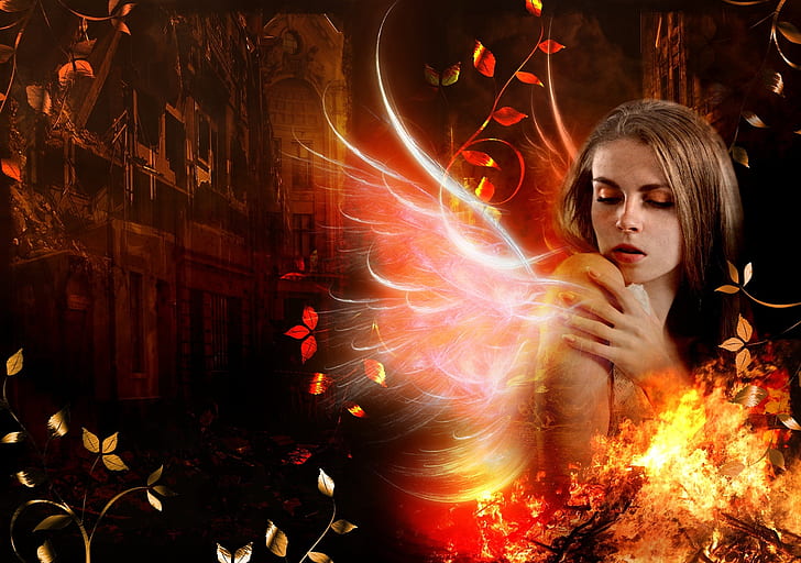 woman with flaming wings edited digital wallpaper