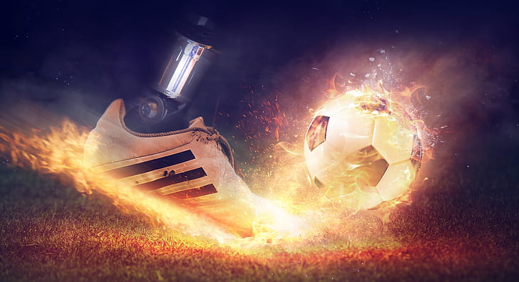 unpaired white Adidas shoe kicking soccer ball