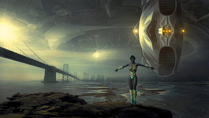 woman in green one-piece suit standing on rock beside body of water game digital wallpaper