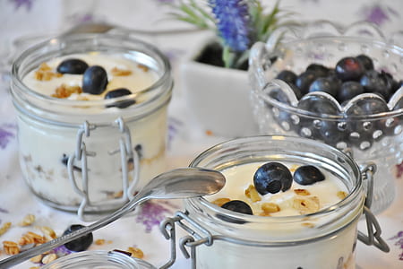 photo of blue berry parfait in clear glass air tight jar
