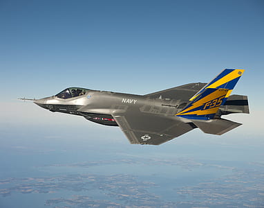 Grey Blue and Yellow Navy F 35 Fighter Plane Flying on Clear Blue Sky