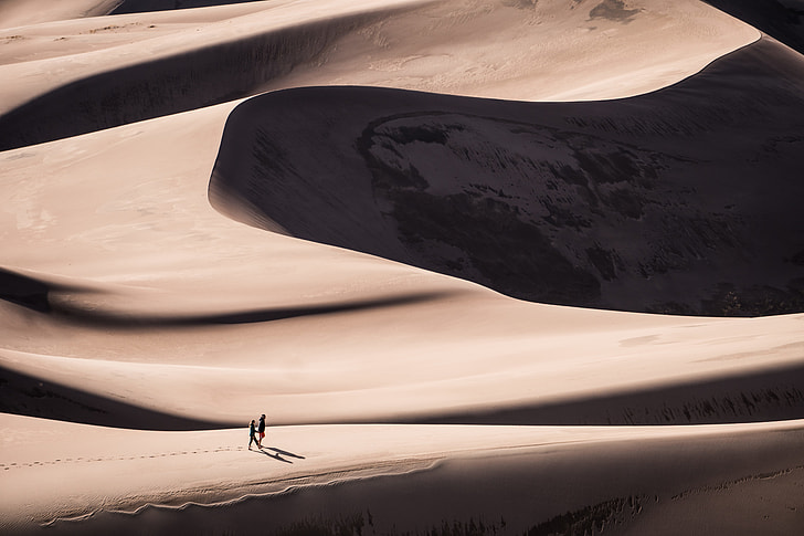 two human walking on brown desert
