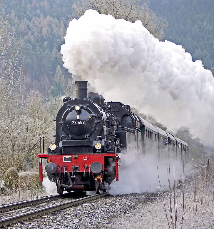 Royalty-Free photo: Red and black train with smoke during daytim | PickPik