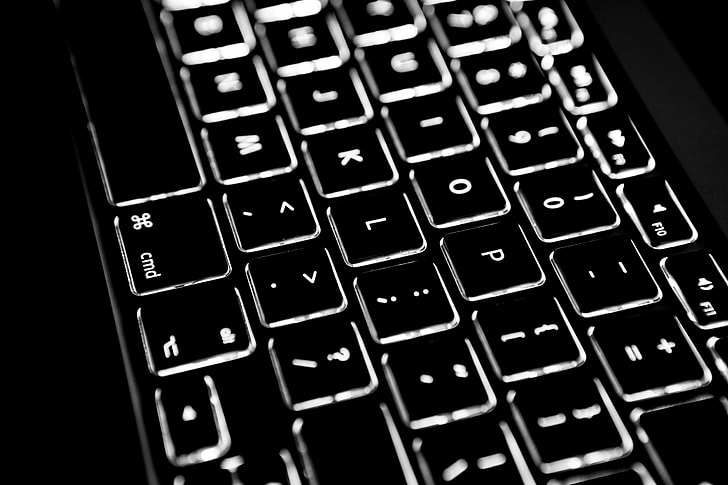 Close up shot of an laptop backlit keyboard, image captured with a Canon 5D