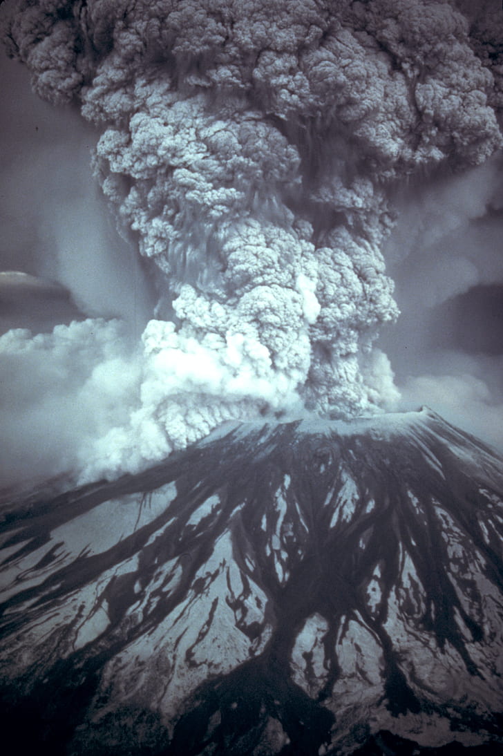 grayscale photo of volcanic eruption