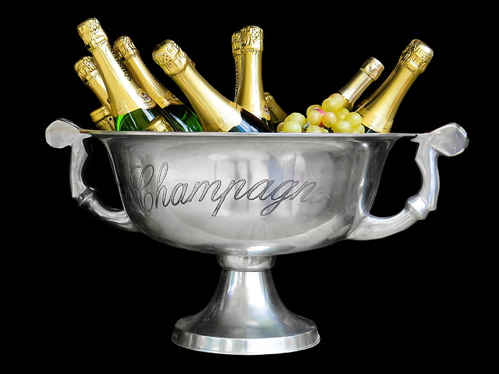 stainless steel champagne bowl with wine bottles