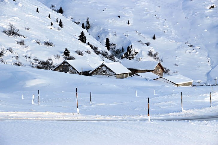 photograph of small town coated by snow ice