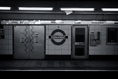Black and white shot of Monument tube station on the London Underground