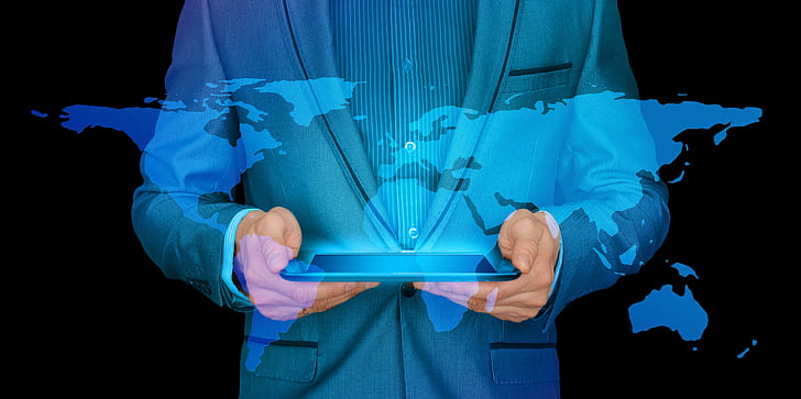 businessman, internet, continents, tablet, world, worldwide