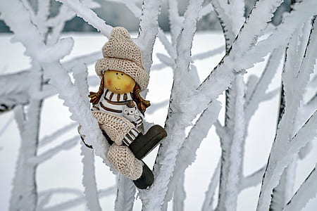 rag doll with brown knitted cap placed on snow-covered wood branch