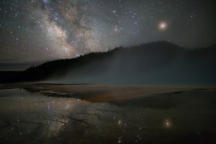 landscape photo of mountain reflecting on body of water during night time