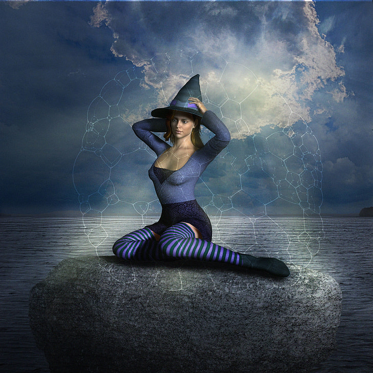woman wearing blue long-sleeved shirt and green witch hat 3D illustration