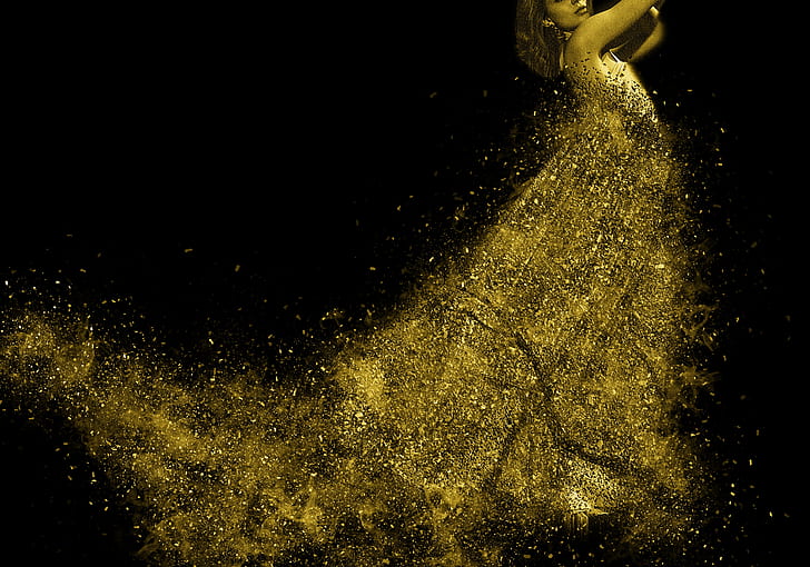 woman wearing gold glittering dress photo manipulation
