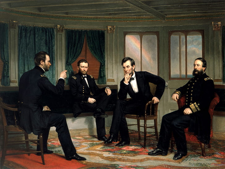 Lincoln and gentlemen having a conversation painting