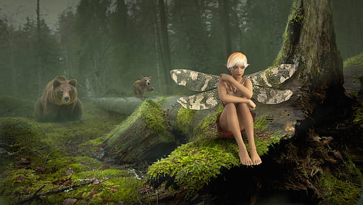 sitting on fairy on brown cut log