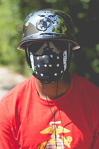 men's black and white mask with hard hat