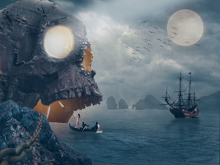 pirate ship near skull island during full moon digital wallpaper