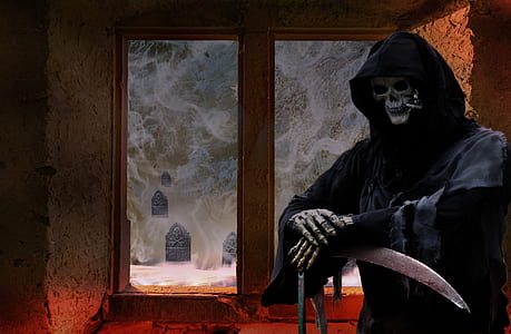 grim reaper costume near brown window inside room