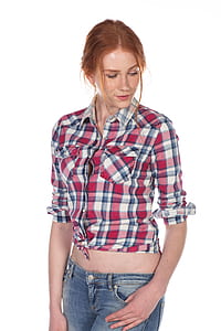 woman in white, blue, and pink plaid button-up sport crop top