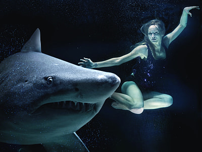 woman in black swimsuit underwater near shark