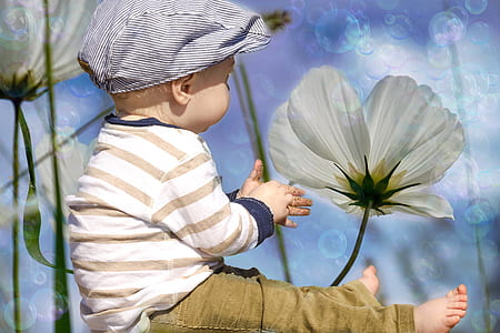 boy sitting near flower painting
