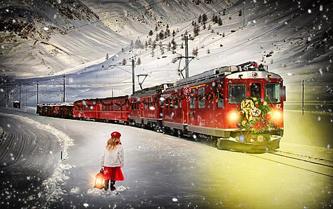girl near red train digital wallpaper