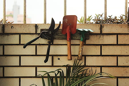 three assorted garden tools on wall