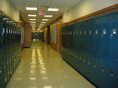 blue lockers on hallway