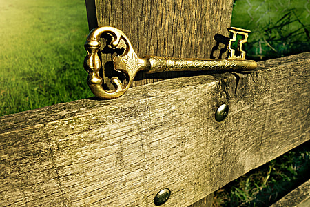gold skeleton key on brown wooden fence