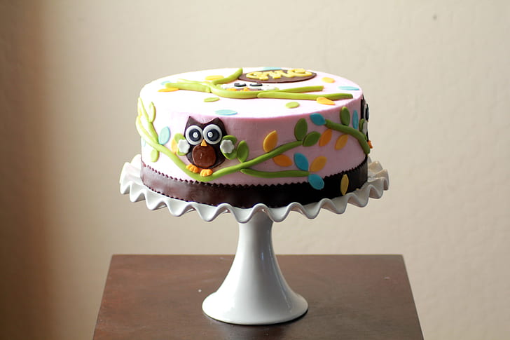 round pink and green icing cake on white cake dish