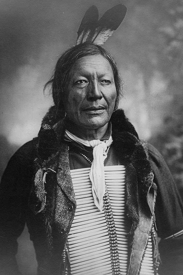 grayscale photo of male Native American