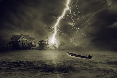 grayscale illustration of boat in ocean and lightning strike