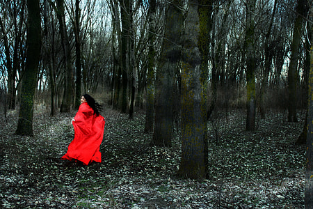 selective color photography of woman in red dress surrounded by bare trees