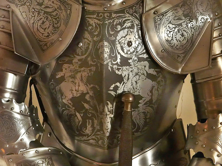 gray metal floral knight armor