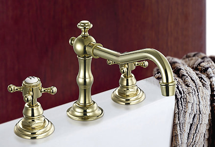 brass, faucet, on top, white, ceramic, surface