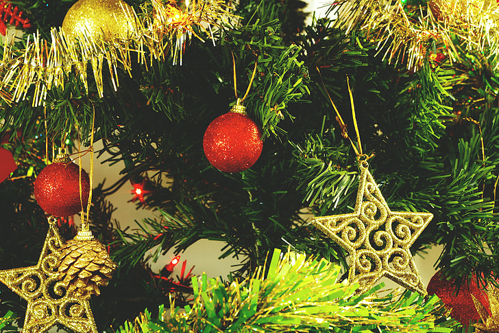 Closeup shot of Christmas tree decorations