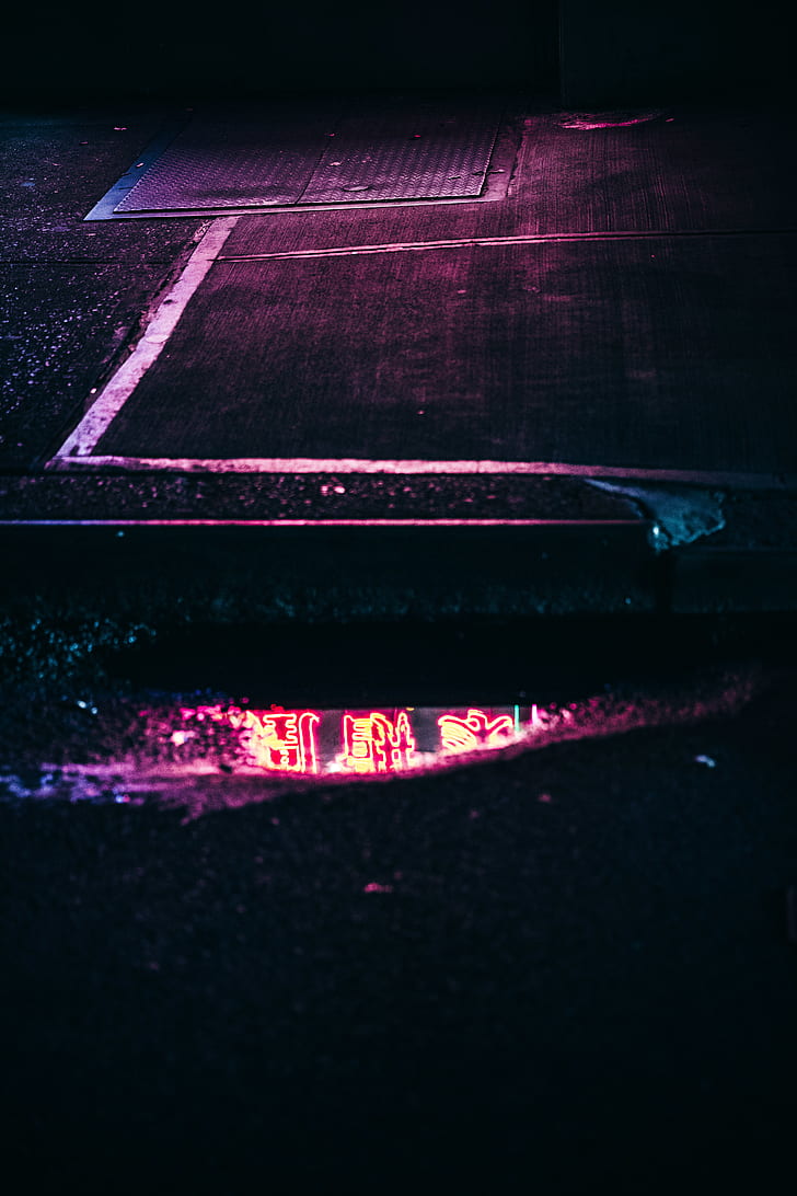 neon, puddle, reflection, pink, walk