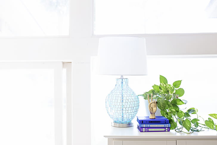 White Table Lamp on Sideboard Near Plant and Books