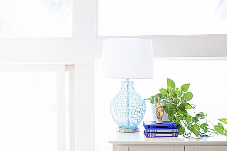 White Table Lamp on Sideboard Near Plant and Books