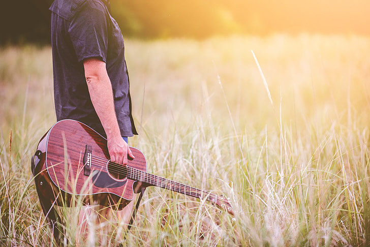 person holding guitar on grass field