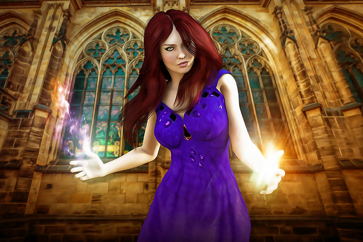 woman wearing purple dress in front of brown cathedral