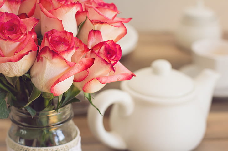 Tea kettle and basket with pink wild roses. Wedding or birthday Stock Photo  by ©ChamilleWhite 76569759