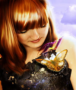 woman looking down towards her chest with butterflies