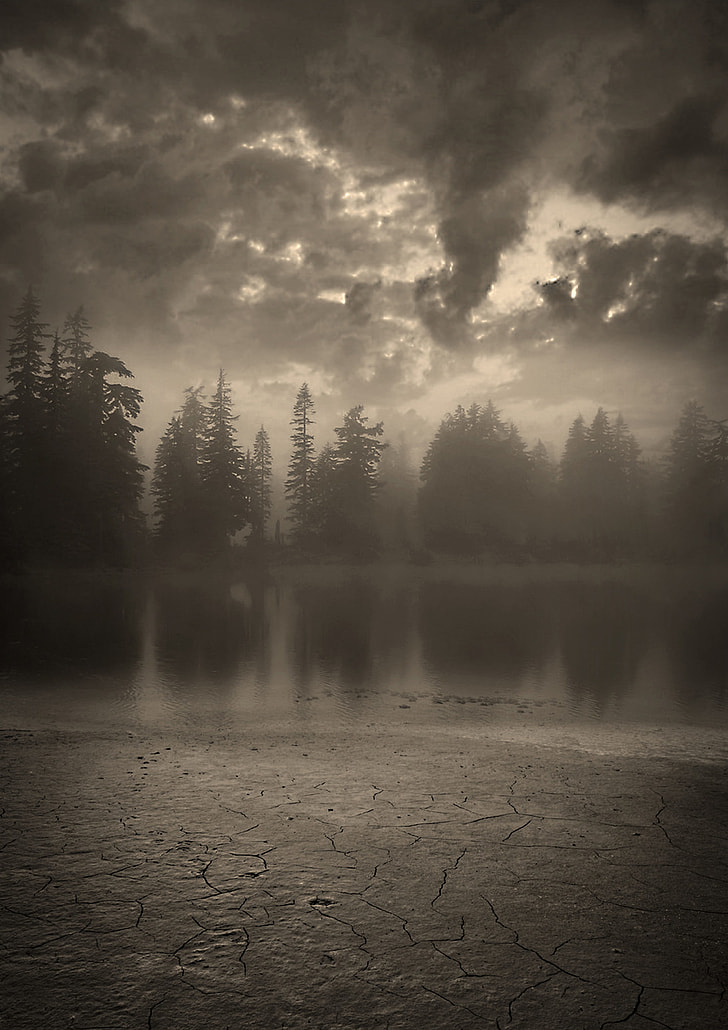 grayscale photo of lake